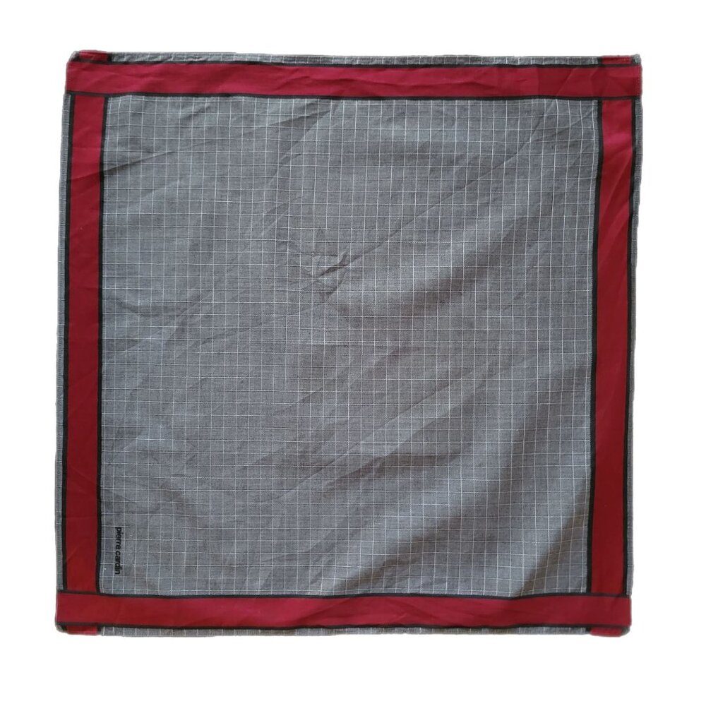 Pierre Cardin Cotton Handkerchief Pocket Square Grey Check Red Border 18"